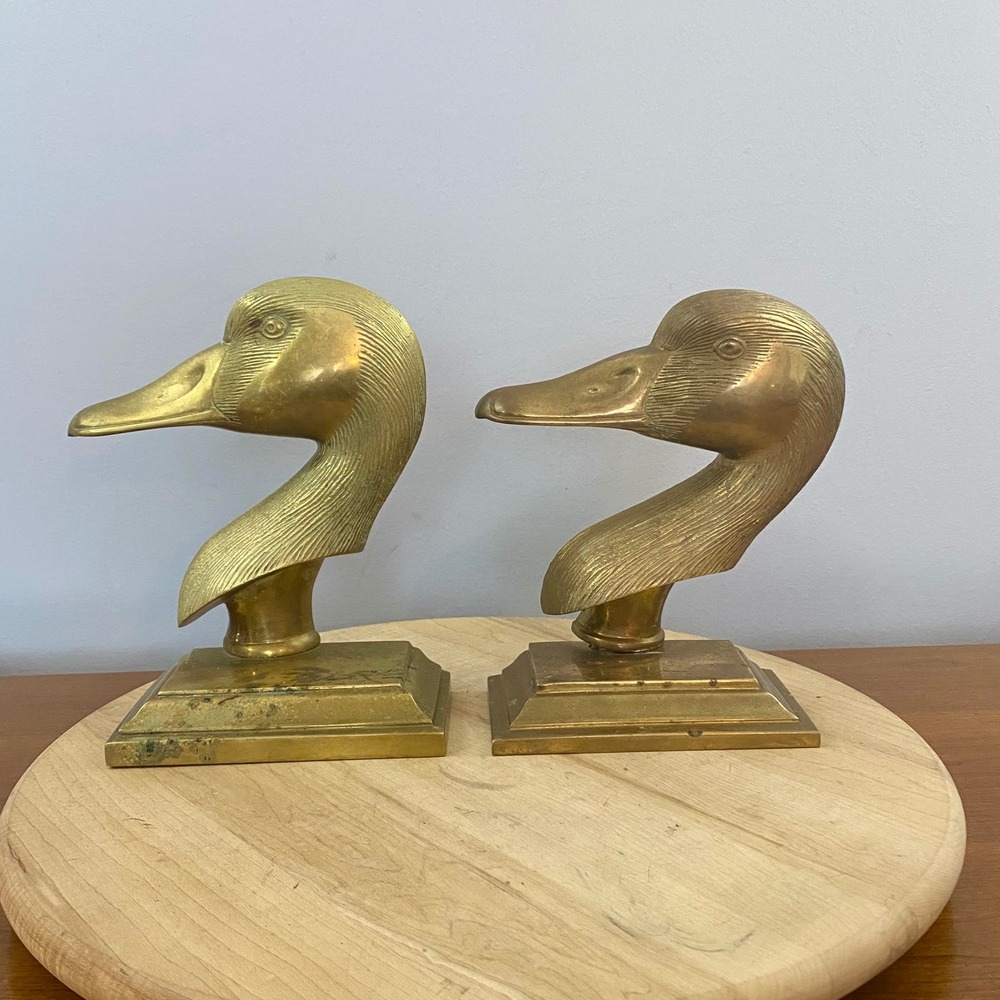 Vintage Solid Brass Goose Head Bookends Matching Pair Heavy Doorstop MCM READ*